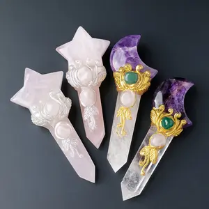 Mini Size Natural Crystal Moon Star Point Magic Scepter, Healing Stones Craft Fairy Wand, Party Halloween Decor, Christmas Gift