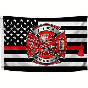 , 3x5 Feet Firefighter Flag with Two Grommets - Fire Department Thin Red Line American Flag - Cross Firefighters Flags - Fire Rescue Banners for Outdoor or Indoor