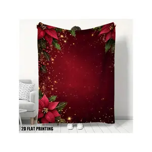 Festive Burgundy Red Christmas Poinsettia Glitter Sparkle Print Cozy Soft Throw Blanket