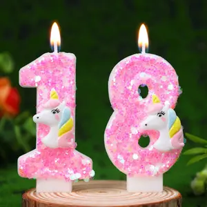 0-9 Pink Glitter Unicorn Number Birthday Candle, Sparkly Cake Topper for Girls 10th/16th/18th Birthday Party, Safe Smokeless Par