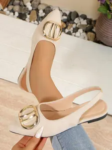 Women's Plain Pointed Toe Flat Shoes, Metal Buckle Decoration, Low Heel, Back Strap Design, Stylish Versatile Footwear for Dress and Pants