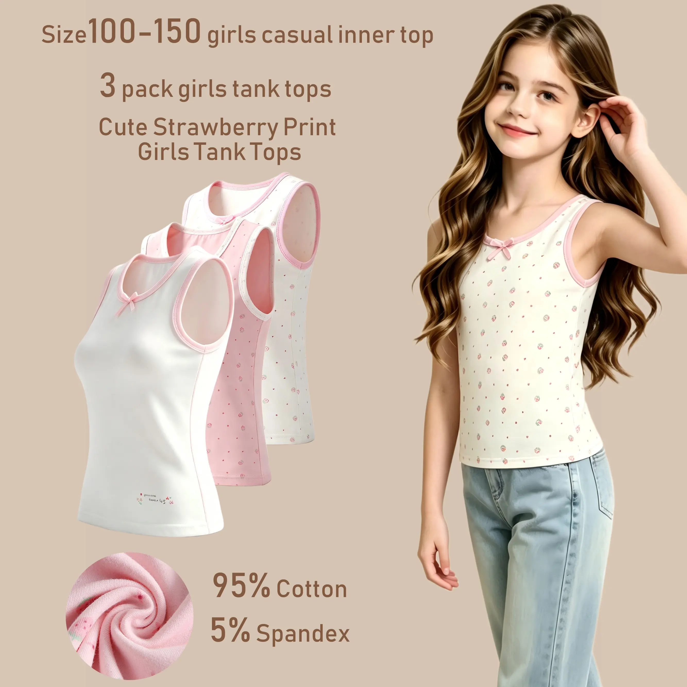 Girls' 3-Pack Casual Cotton Tank Tops - Breathable, Tag-Free Undershirts with Ditsy Prints, Solids, Ideal for Layering, School, Play