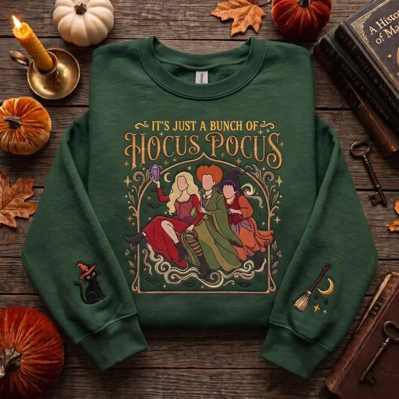 Embroidered Hocus Pocus Sweatshirt, Spooky Season Pullover, Vintage Halloween Sanderson Sisters Sweatshirt, Witch Halloween Movie Shirt