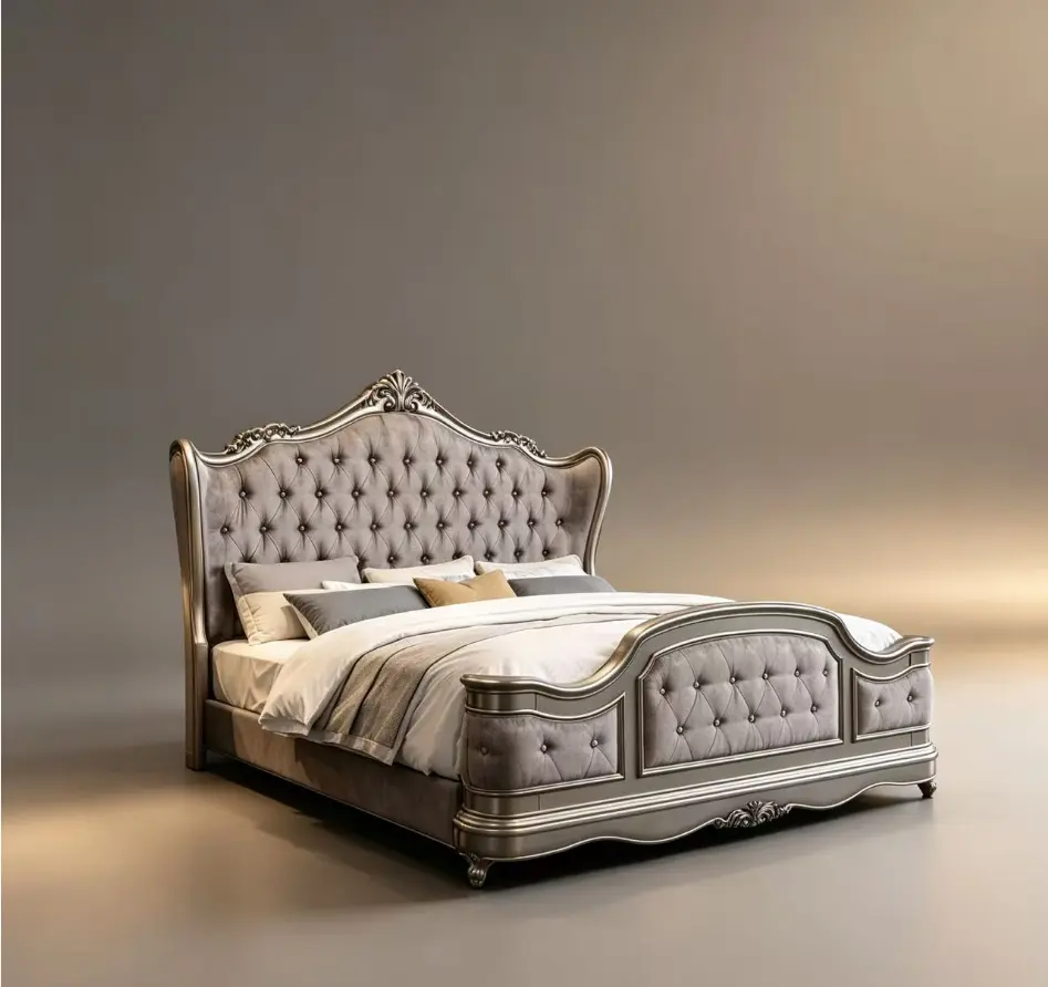 Bellemave Ariadne Velvet Bed Frame - Antique Platinum Finish, Upholstered Indoor Bedroom Furniture Piece