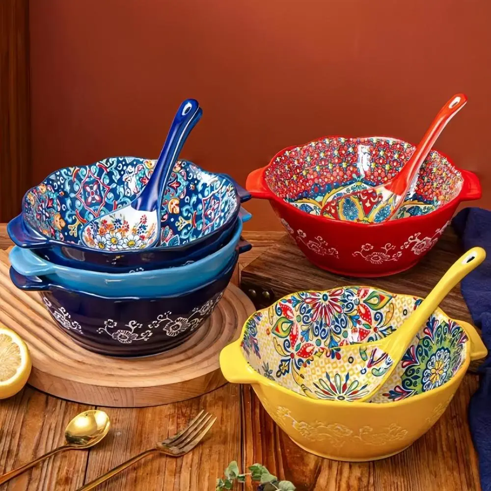 Boho Style Ceramic Pasta Bowls Set, 3 Counts/set Floral Pattern Soup Bowl, Large Salad Bowl, Kitchen Tableware Set, Kitchenware Ceramics, Multicolor Home Dinnerware, Salad Serving Bowls, Ceramic Dish, Dinnerware Sets