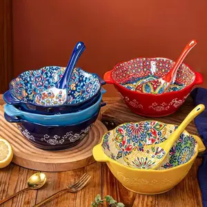 Boho Style Ceramic Bowl Set, 2 Counts/set Colorful Floral Pattern Soup Bowl, Noodle Bowl, Salad Bowl & Serving Bowls, Kitchen Tableware for Home Use