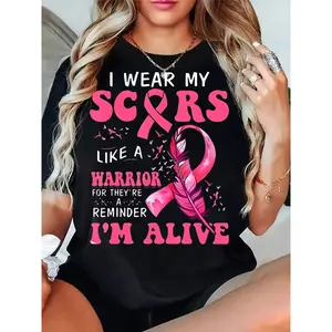 Women's Cancer Warrior T-Shirt - Survivor Tee with Pink Ribbon & Graphic - Bold "I Wear My Like a Warrior" Quote for Breast Cancer Awareness, Everyday & Special Events