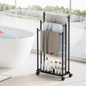 Floor Standing Towel Rack with Wheels for Easy Mobility, Simple Style with 3 Crossbars, Large Capacity for Bathroom Storage, Bathroom Organizer Supplies, Bathroom Essentials Accessories