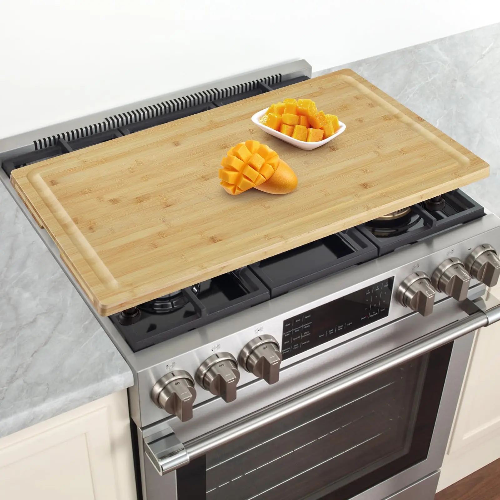 Garvee Bamboo Noodle Board Cover 76.2 x 50.8 cm, Wooden Stove Cover, Cutting Board with Adjustable Legs and Juice Grooves, Camper Sink Cover, Butcher Block for Small Spaces and Apartments, Natural