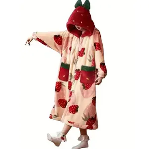 New Strawberry Women's Sleeprobe Bathrobe, Autumn Winter Coral Fleece Warm Loose Home Wear, Lazy Hooded Blanket, Christmas Gift for Girlfriend