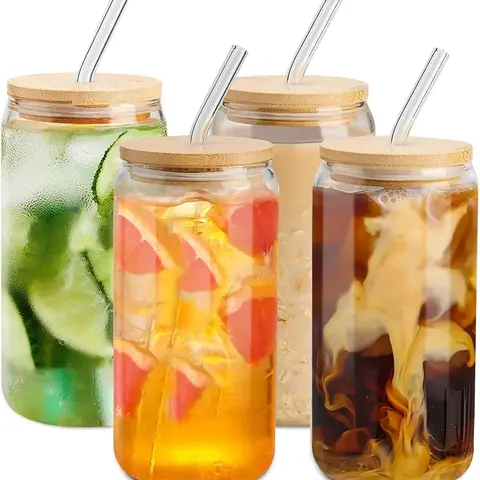 4 Pcs Glass Cups with Bamboo Lids and Straws-16 oz Glass Tumbler with Straw and Lid & Cleaning Brush, Iced Coffee Cups with Lids, Perfect for Smoothie, Cocktail, Tea Juice and Gift Drinkware Reusable Classic Set