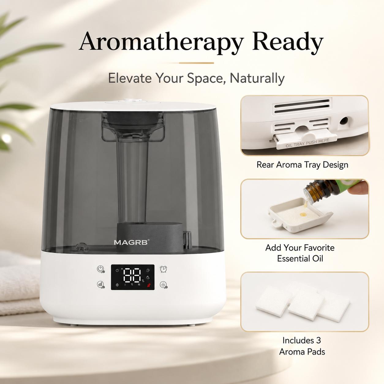 【DealsForYouDays】MAGRB 6L Smart Humidifier for Bedroom and Large Room, APP Remote Control Cool Mist Humidifier with Auto Humidity Control, 1-24H Timer, 3 Mist Levels, Sleep Mode, Top Refill Design, Visible Water Tank, Aroma Pads Included