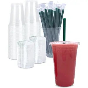 12-25 oz 25 Sets Clear Plastic Cups with Lids and Straws, Disposable Iced Coffee Cups for Cold Drinks, Smoothies & Milkshakes, Sturdy Food Safe To Go Cups