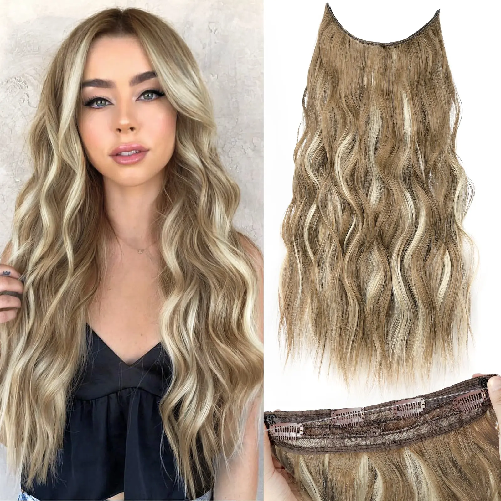 AISI HAIR Mixed Color Invisible Wire Hair Extensions with Transparent Wire Adjustable Size 4 Secure Clips 20 Inch Long Wavy Secret Hairpiece halo hair Synthetic Wiglets