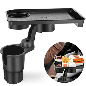 3-in-1 car cup holder, Car console organizer, with extended tray, detachable 360° rotating and adjustable base, 40lbs load capacity, non-slip rubber pad, dual cup positions, suitable for long-distance driving, in-car dining, in-car office work