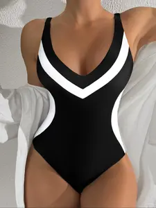 Women's One-piece Swimsuit, Casual Comfortable Swimwear for Pool & Beach, Ladies Swimsuit for All Seasons, Trendy Monokini Swimsuit, One Shoulder Swimsuits, Color Block Swimsuit