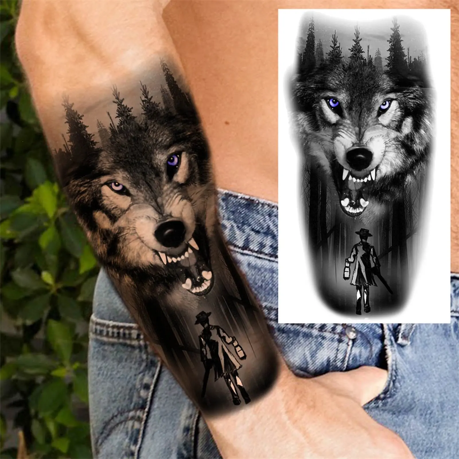 Men’s realistic wolf tattoo sticker, lifelike arm and leg tattoo stickers, waterproof realistic temporary tattoos, suitable for an outdoor adventure style, easy to clean