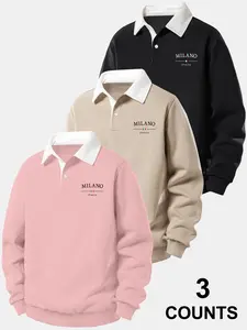 Men's Fall Winter Letter Print Hoodie, Casual Outdoor Pullover, Casual Streetwear Sweatshirt, Street Fashion Sweatshirt, Casual Fitted Sweatshirt, Half Button Polo Neck, Long Sleeve, Fitted, 3 Pack