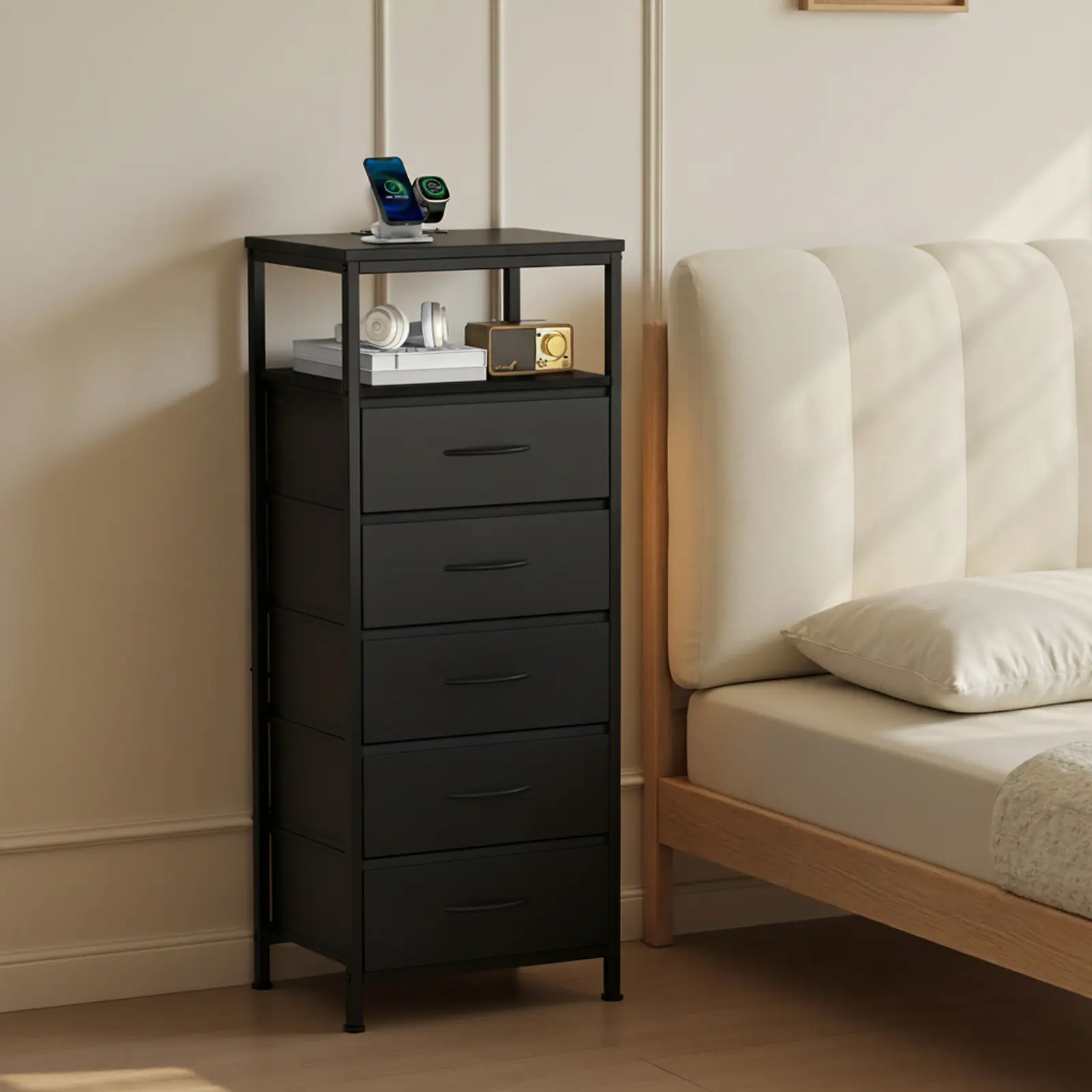 LED Bedroom Nightstand End Table with Charging Station, Fabric Drawers, USB-Type-C Ports, Outlets, Adjustable ft, Variable Light Strip, Indoor Furniture, Led Bedroom Table