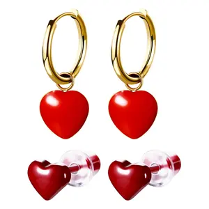 OIDEA Red Heart Earrings for Women 2 Pairs Vintage Gold Tone Enamel Hoop Drop and Stud Earrings Set