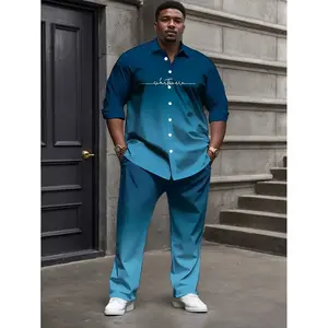 Polyester Men's Plus Size 2-Piece Casual Sport Track Clothes Set - Gradient Long Sleeve T-Shirt with Pocket, Drawstring Ombre Blue Trouser, Polyester Blend, Machine Washable, Stylish