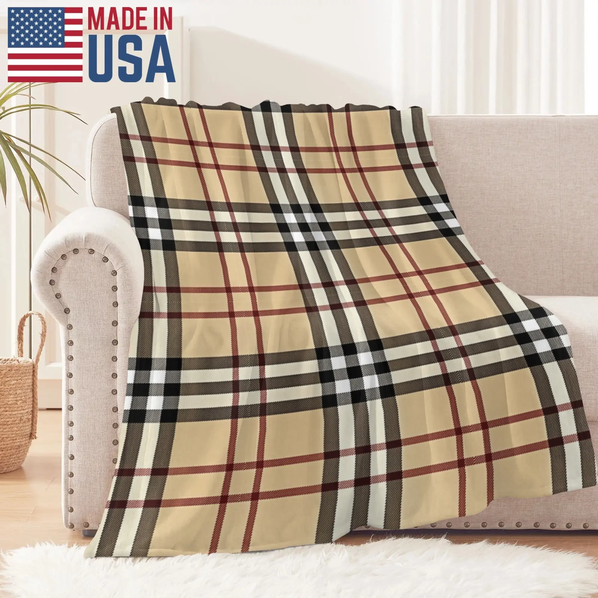 Classic Plaid Checkered Geom Flannel Fleece Blanket Throw - Warm Beige Brown Red Black, Flat Weave, Soft Lightweight, Wrinkle Resistant, Decorative Couch & Bed Home Decor for Home/Travel Indoor Use