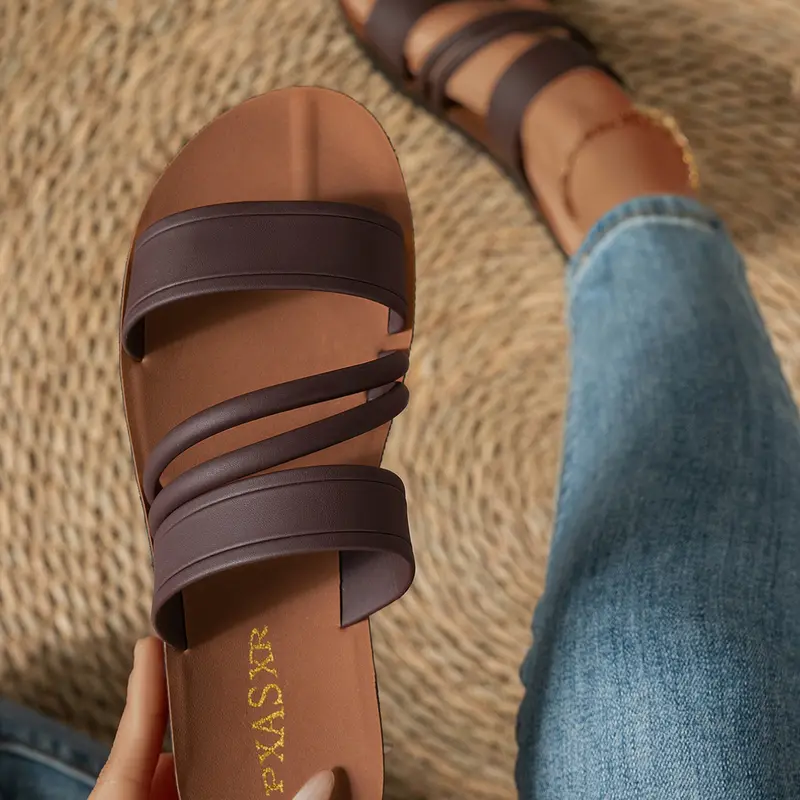 Women's Flat Sandals, PU Sandals, Casual Fashion Footwear, Fashionable Footwear, Flat Slides Sandals, Multi-Strap Design Soft Comfortable Fit Ideal for Daily Wear, Vacation Summer Versatile Slip-On Shoes, Footwear