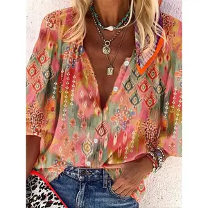 Stand up collar full body printed commuter vacation loose three-quarters sleeve button up women's shirt topRAIMENTRY