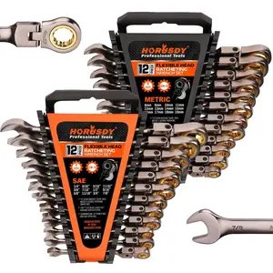 HORUSDY Flex-Head Ratcheting Wrench Set | Metric and SAE | Ratchet Combination Wrenches Set with Organizer | 72-Teeth | Chrome Vanadium Steel Hardware, Christmas Gift