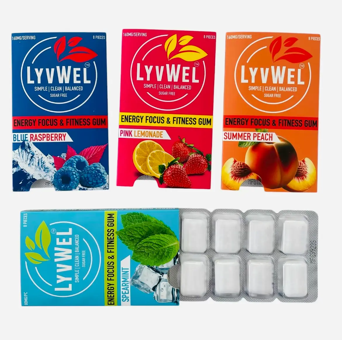 Caffeine Chewing  Gum 1 Pack - 80mg per piece Energy Focus Fitness  Blue Raspberry Pink Lemonade Summer Peach Spearmint Flavors gum Sport Beverage