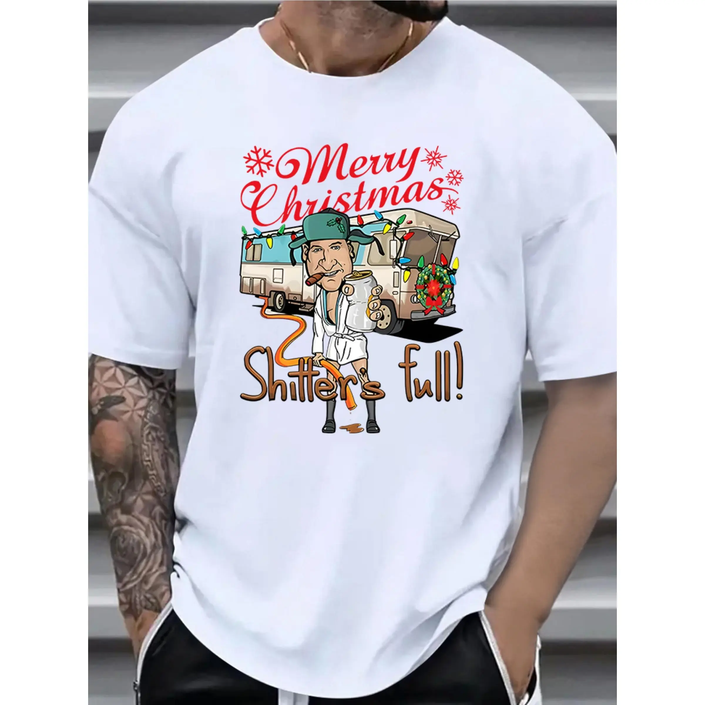 Men's Plus Size Vintage Christmas Graphic Sports Top - 1pc Stylish Basic Menswear Undershirt, Polyester Knit, Round Neck, Shortsleeve, Loose Casual Fit, "Merry Christmas Shitter's Full" Print Summer Top