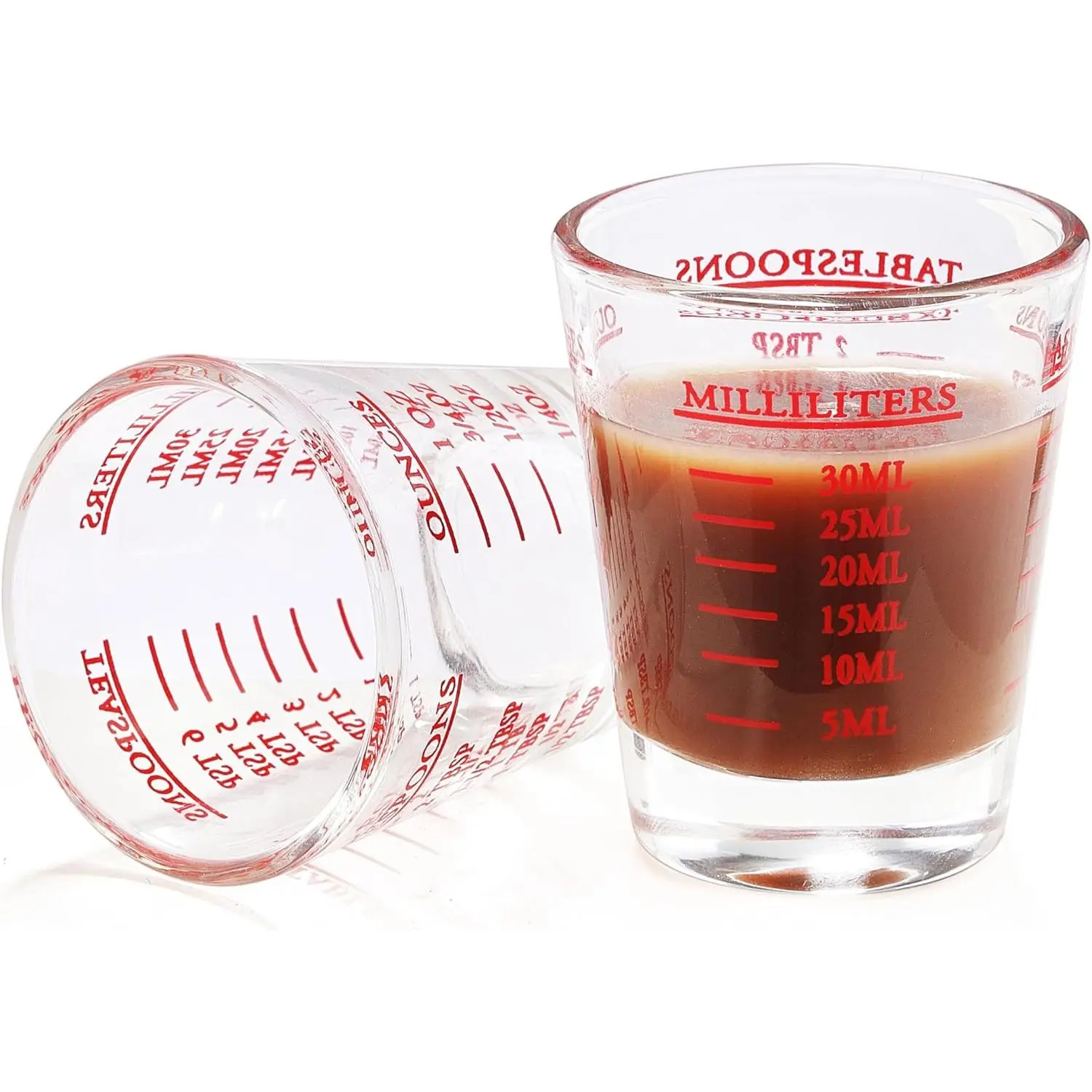 Shot Glass Measuring Cup, 2 count Measuring Shot Glasses, Thick Base Liquid Measuring Cup for Espresso Shot Glass and Measuring Glass, Four Different Units of Measure(1 OZ, 2 TBS, 6 TSP, 30 ML)