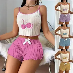 Cherry Chill Ribbed Lounge Set 2-Piece Summer Set with Cute Cherry Design and Bow Detail for Comfortable Wear Pajama Nightwear Loungewear Homewear