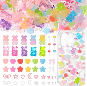 400 Pcs Candy Junk Case Charms Kit, Color Gummy Bear Lollipop Star Heart Charms for Junk Cases, Pink White Bow Moon Hearts Pearls Phone Case Charms, Assorted Slime Charms for DIY Crafts