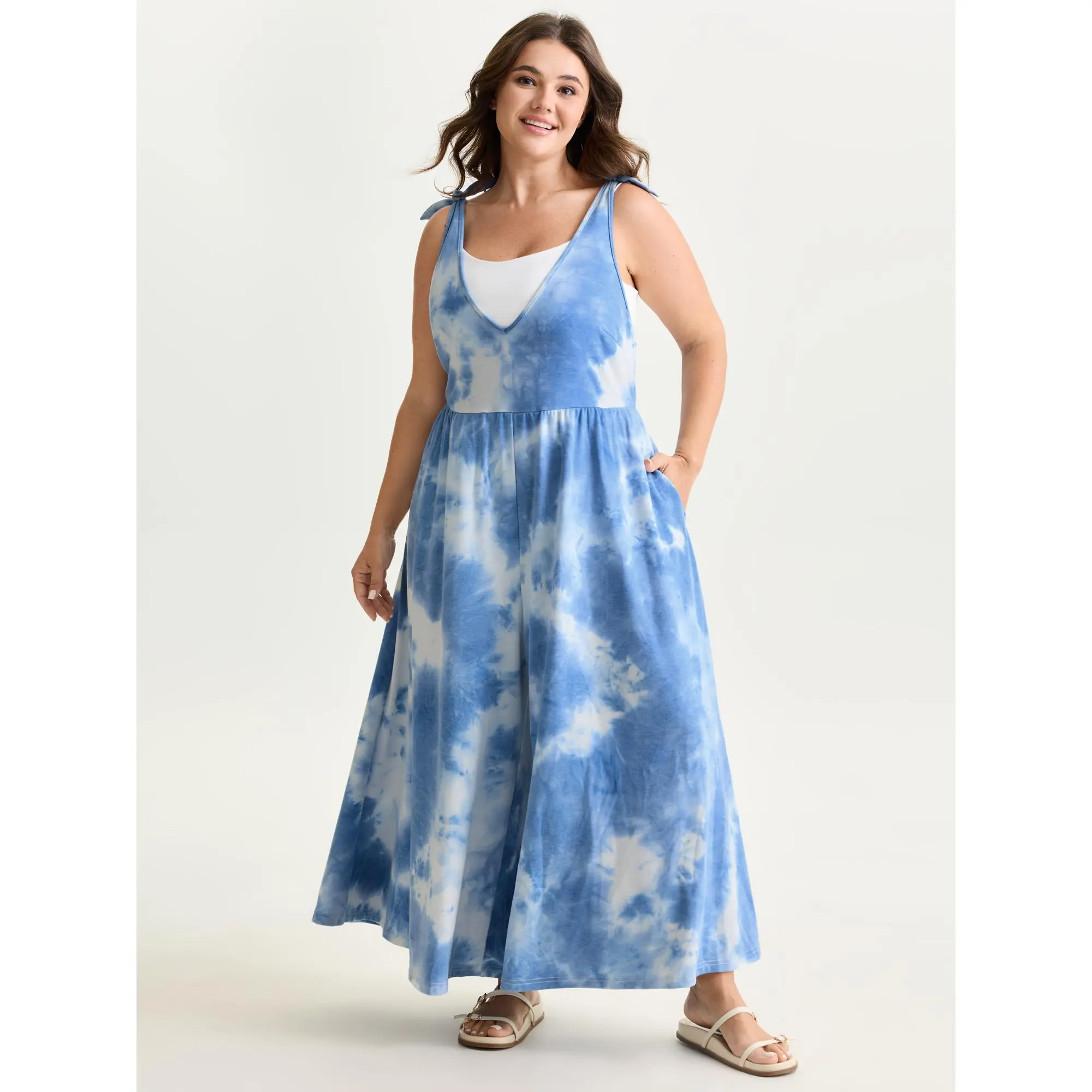 BloomChic Women's Plus Size Tie-Dye Tunic Overall Dress - Sleeveless Casual Stretch Polyester-Spandex Garment with Pockets, Flattering Fit, Low-Iron Fabric