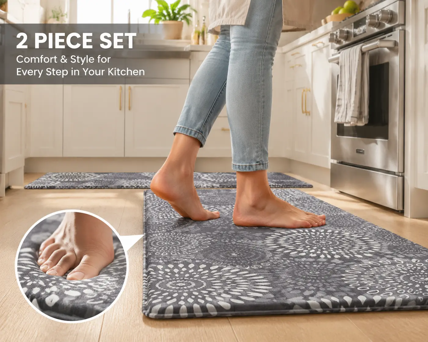 Anti Fatigue Kitchen Mat Set 2PCS – Thick Cushioned Non Slip Waterproof Comfort Mats for Standing at Kitchen Sink – Relieve Foot & Back Pain