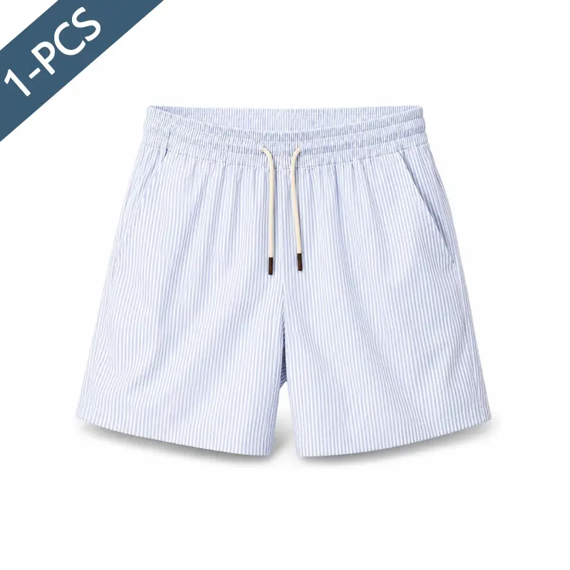 Light Blue Vertical Stripe Men’s Casual Shorts, Drawstring Elastic Waist, Loose Summer Beach Shorts