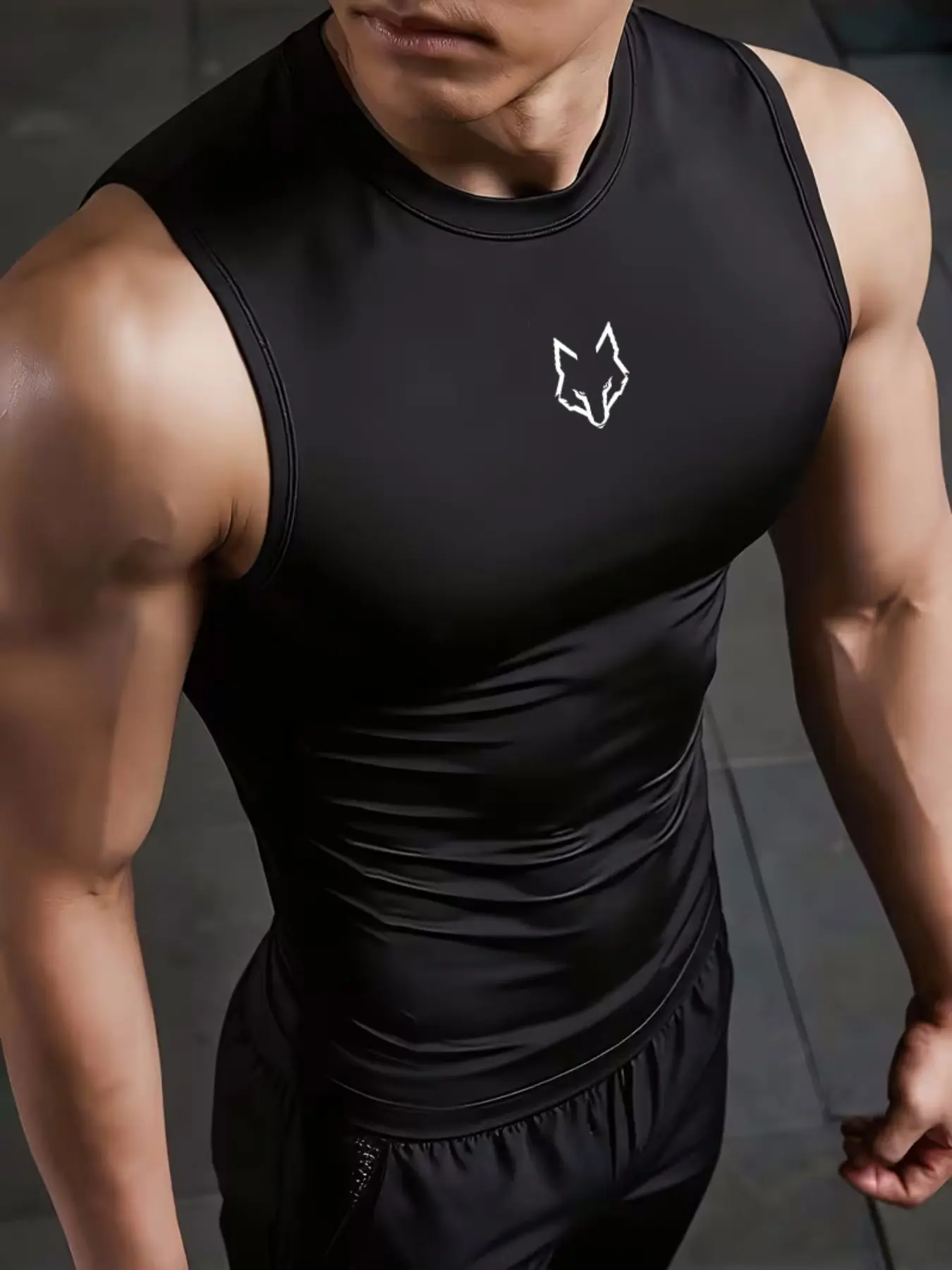 1 Pack Black Muscle Workout Tank Top for Men, Wolf Head Sleeveless Compression Vest. Performance Athletic Undershirt Base Layer for Gym Fitness Running，Black - Athletic Aesthetic for Bodybuilding, Weightlifting.