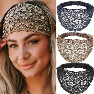 3-pack Wide Boho Hollow Lace Headband with Faux Pearl Decor Head Wrap Hair Accessories for Women dealsforyoudays