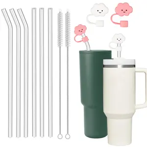 Glass Replacement Straws For Stanleys 40oz - 0.4in/10mm 6 Count Reusable Glass Straw Compatible With 40oz Tumblers, 2 Cute Straw Covers Cap For Stanleys Cup Accessories With 2 Cleaning Brush, Clear