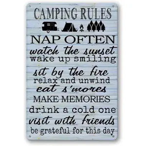 Camping Decor For Camper Camping Rules Sign Rv Decorations For Inside Retro Outdoor Bar Yard Sign Aluminum Signs Lake House Wall Decor Campers Camp Poster Accessories