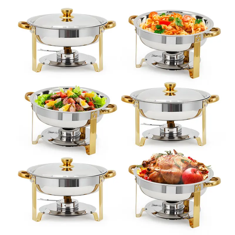 Sturdy 6-Piece Full-Size 5QT Round Stainless Steel Chafing Dish Buffet Set - Elegant Mirror Finish, Stackable Pans, Retro Upgraded Chafer Warmer, Fuel Holder, Tray Handles, Full 5QT Serving, Dishwasher & Handwash Safe for Weddings, Banquets