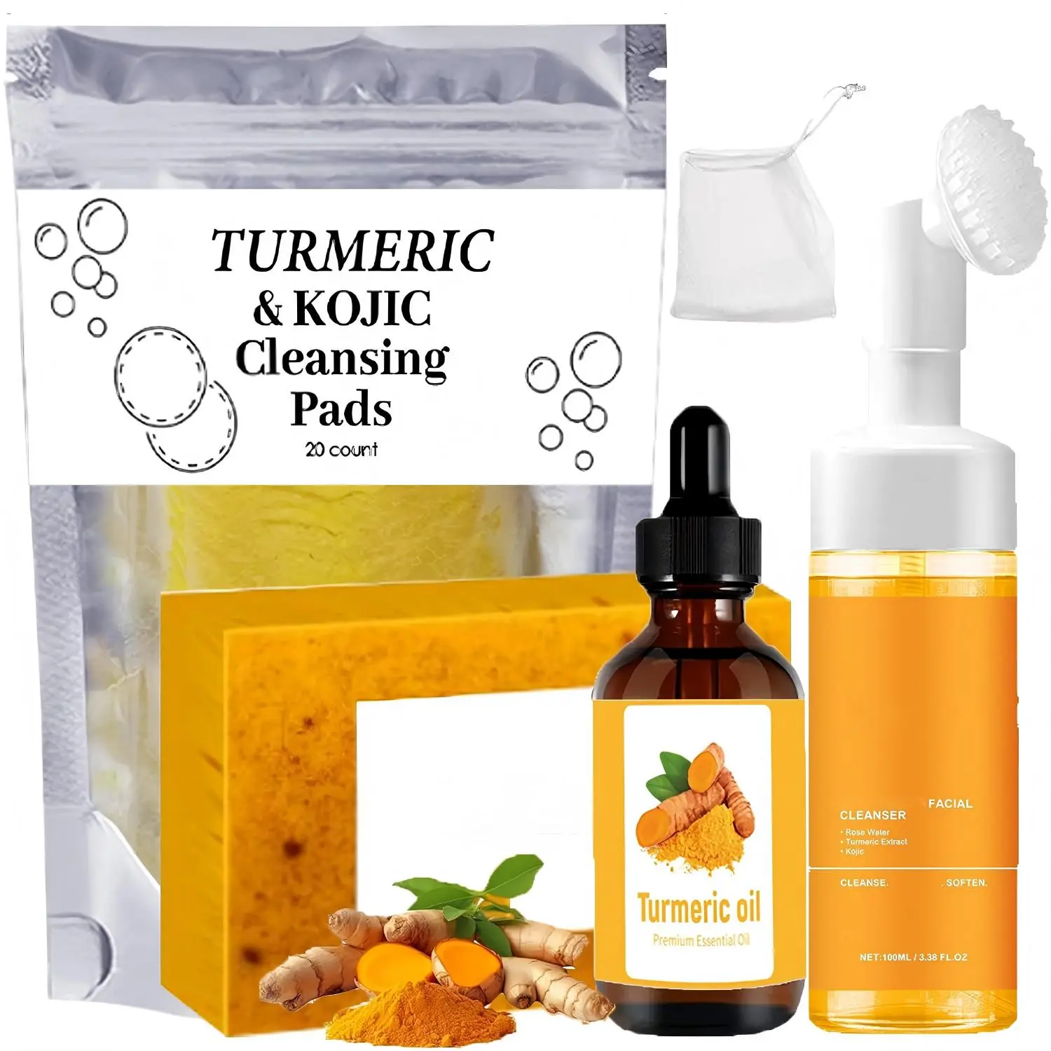 Turmeric Wash and Care 4 Piece Set - Lemon Turmeric Kojic Soap Bar & Cleansing Pads & Face Wash & Essential Oil, Jabon de Curcuma, Deep Cleansing Exfoliating Scrub Pads for Face & Body