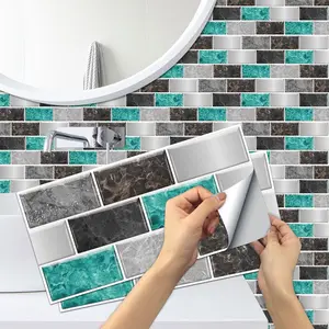 6/12/24/48 Pcs Retro Turquoise-Silver-Gray Decorative Peel and Stick Tile Stickers Wall Decal | Thick PVC Crystal Film | Waterproof Oil-Proof for Kitchen Bathroom Floor Home Decor