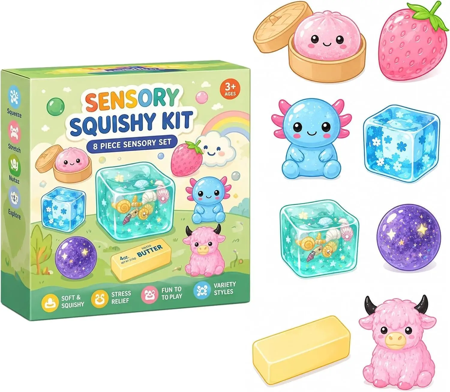 8 Pcs Pink Mystery Squishy Sensory Box - Cute Mini Squishies Fidget Toys Set, Adorable Stress Relief Desktop Soft Squeeze Toys, Birthday Party Favors Surprise Box Gift Pack for Girls Kids Adults