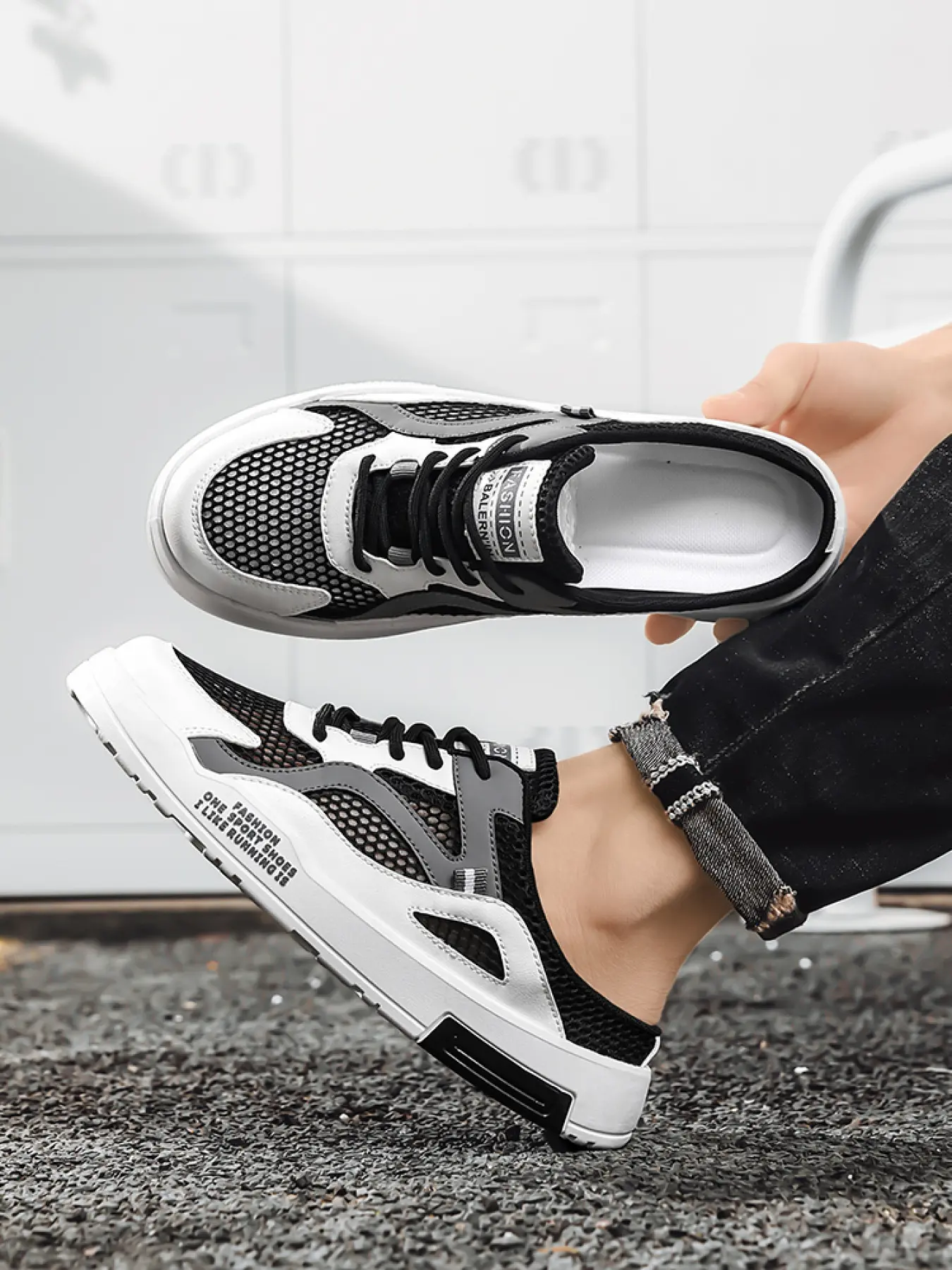 Men's White-Black-Gray Mesh Mule Sneakers: Breathable Mesh Mules Hollow, Summer Outdoor Casual Slippers Walking Shoes