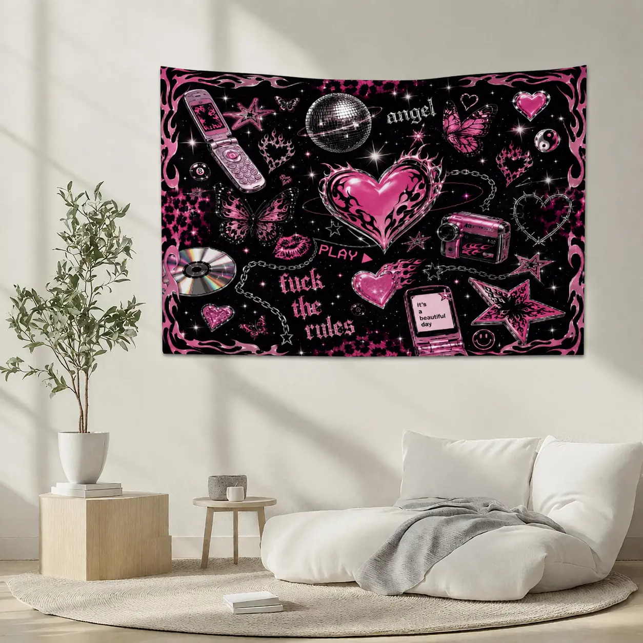 Y2K Pink Aesthetic Wall Tapestry, Retro Butterfly Heart Star Wall Hanging, Coquette Bedroom Decor, Dorm Room, Gaming Room and Home Wall Art