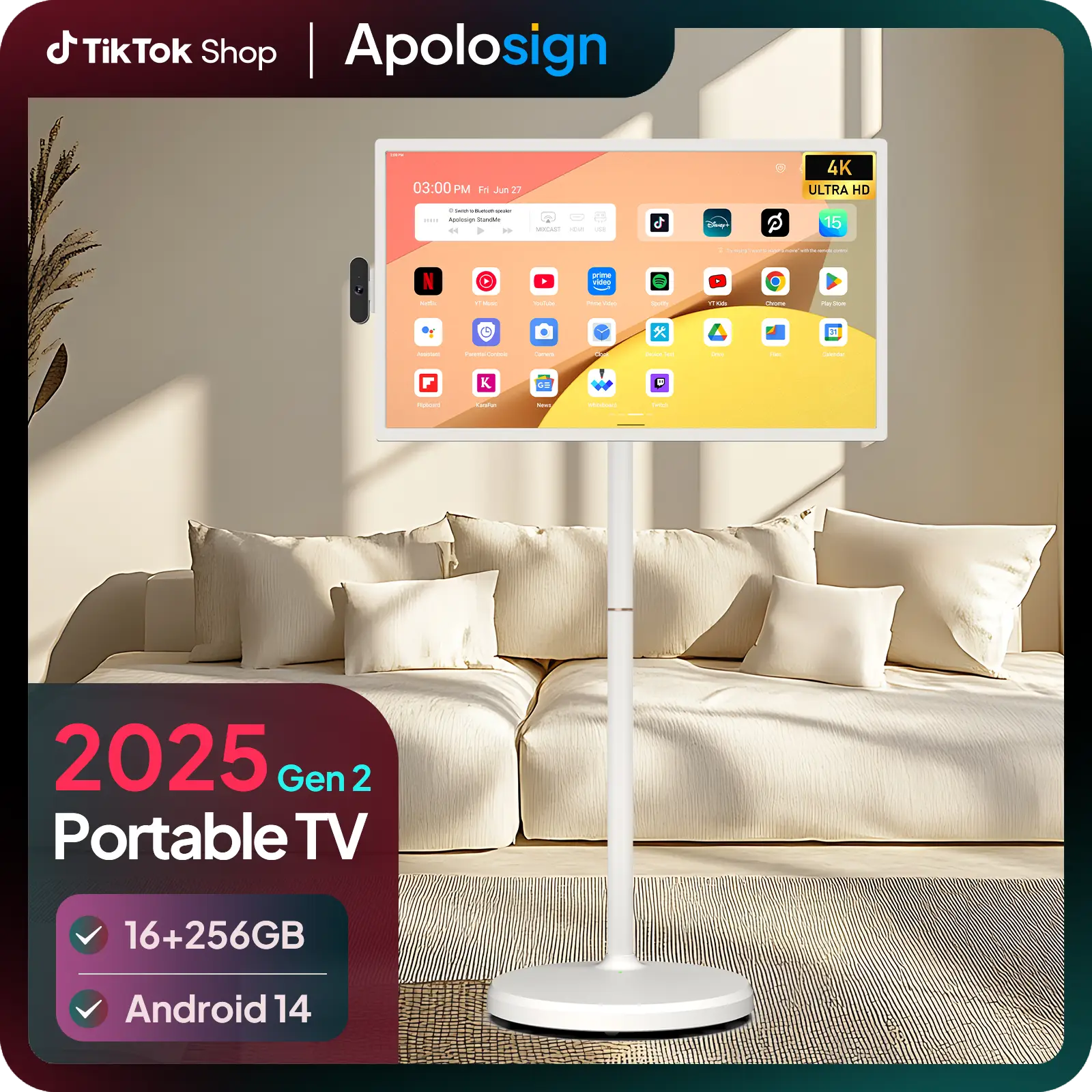 【2025 Apolosign Gen 2 Portable TV】32 inch True 4K UHD Portable Smart TV, 15000mAh Battery, 16GB(8+8)RAM+256GB Storage, Android 14, Touch Screen Monito