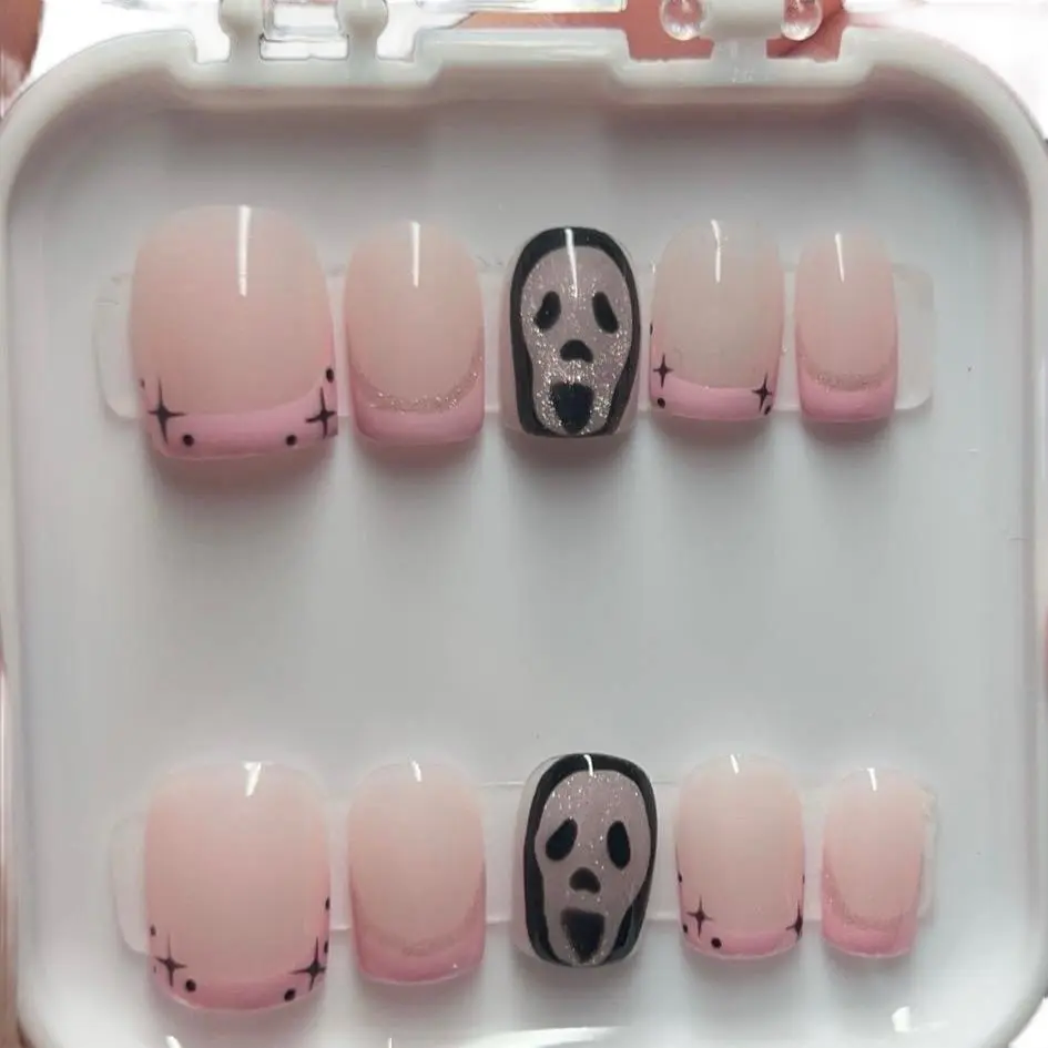 Handmade Gel Press on nails| Ghost Face| Cat Eye Gel| Pink french tips|