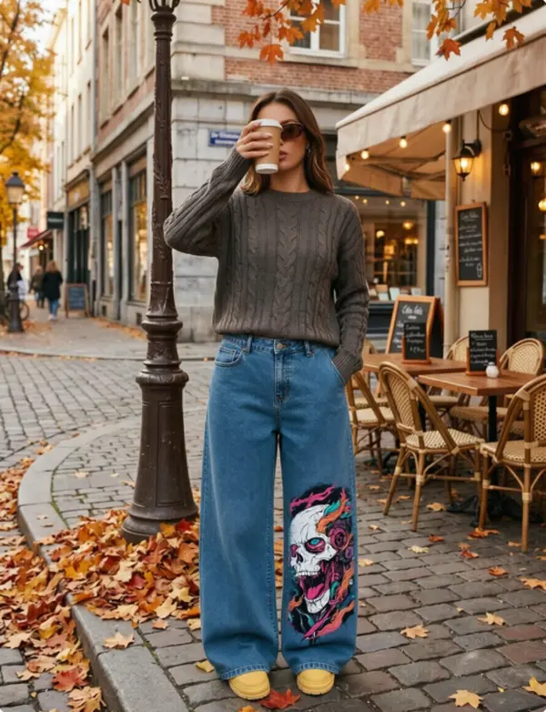 Summer Punk Color Flame Skeleton Rose Graffiti Print Straight Wide Leg Denim Jeans Unisex High Waist Vintage Washed Loose Trousers